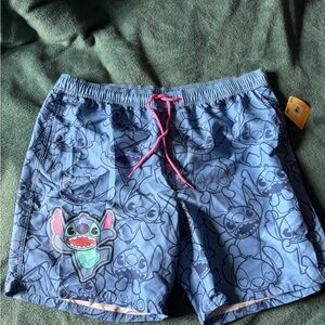 Disney Blue Stitch Graphic Swim Shorts with Pink Drawstring